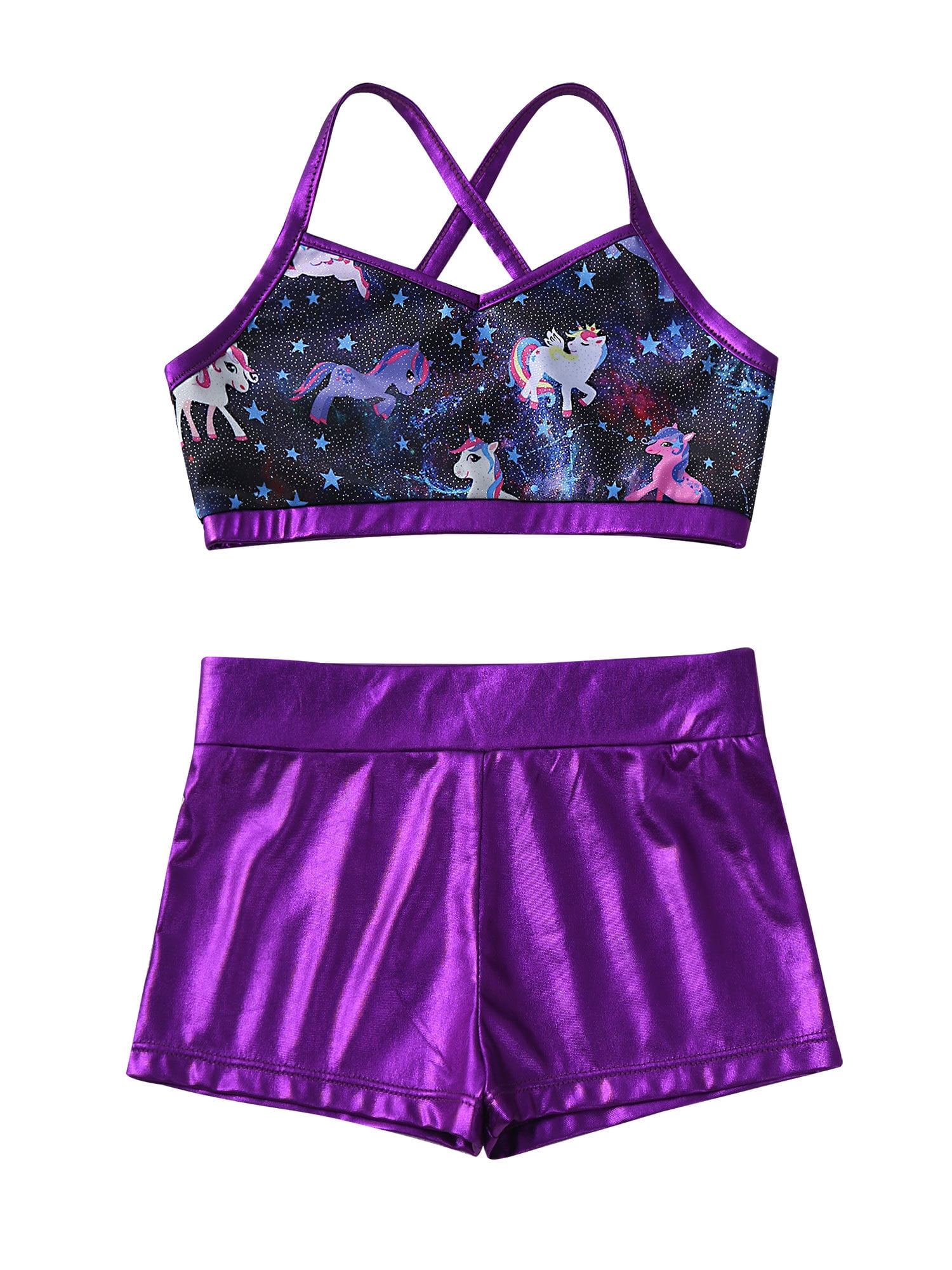 iiniim Kids Girls Shiny Metallic 2 Piece Dance Sports Gym Outfit Crop Top with Shorts Gymnastics