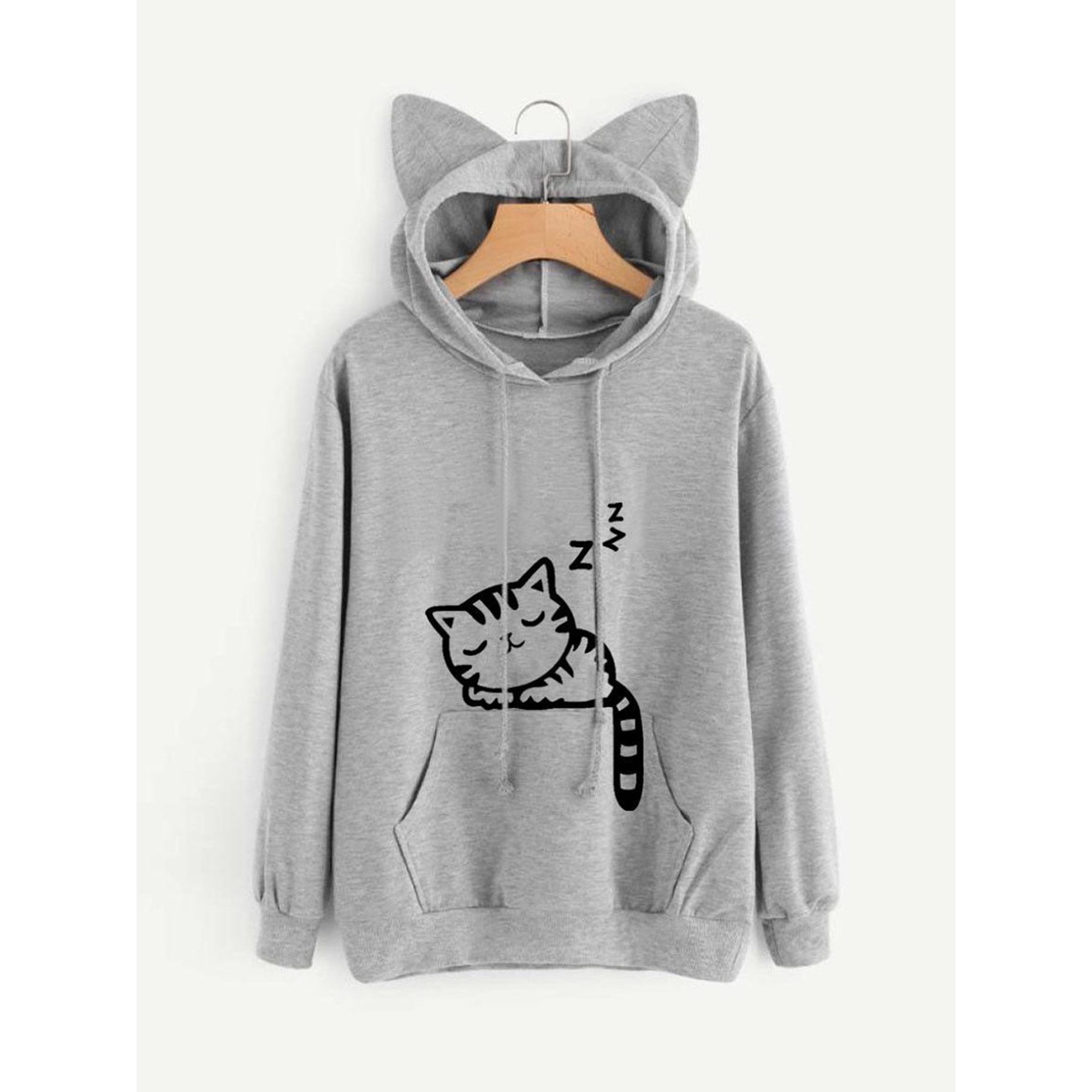 Trendy Women s Cat Printed Hoodie Long Sleeve Pullover Sweatshirt Gray XL Walmart