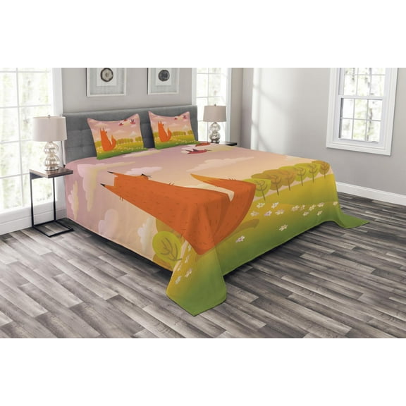 Ambesonne Cartoon Quilted Bedspread Set 3 Pcs, Animal Fox Wildlife, King Size, Orange Lilac Green