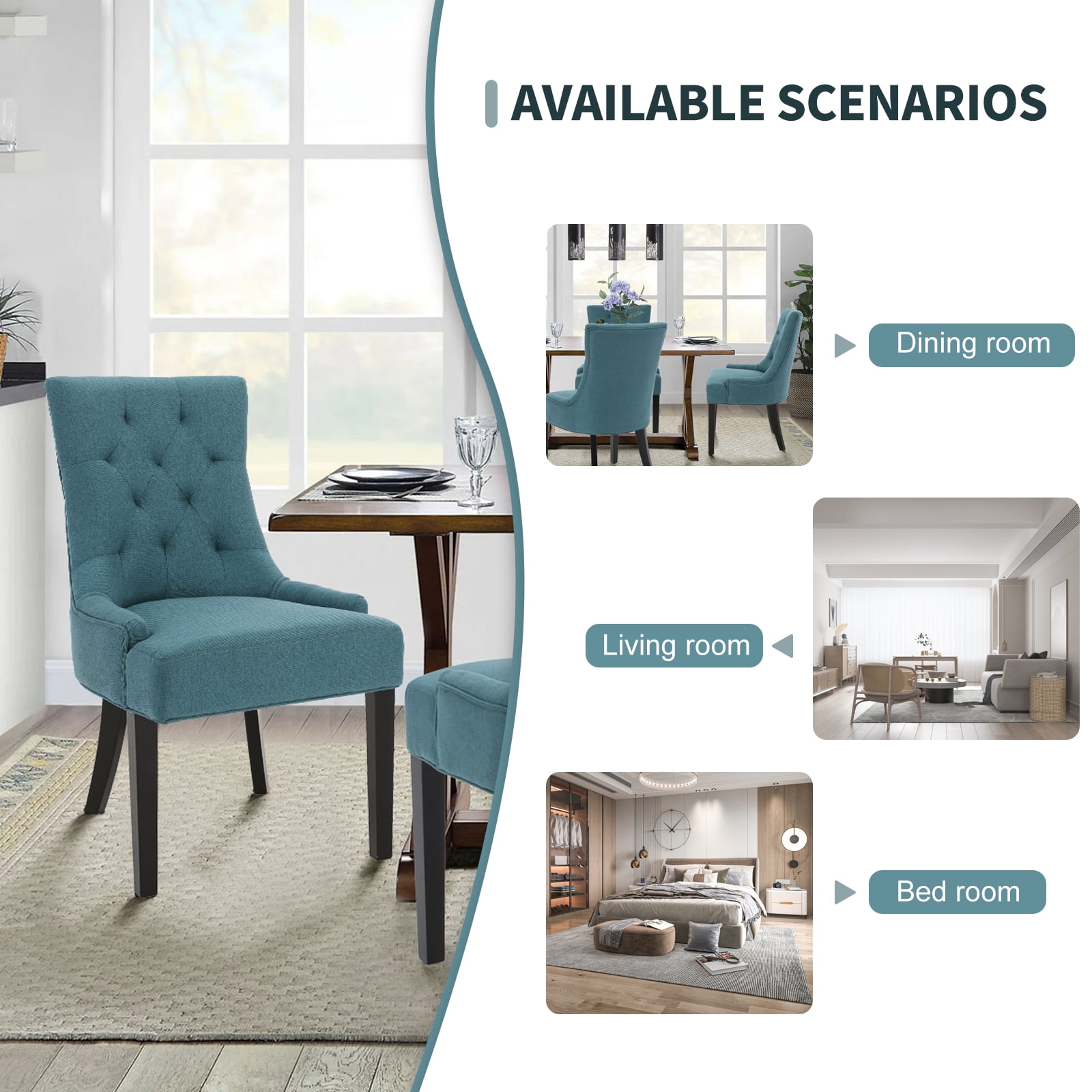 Kadyn Modern Upholstered Set of 2 Fabric Dining Chairs with Wood Legs, High Back Dining Room Chairs for Dining Room, Urban Style Kitchen Chair, Dark Teal