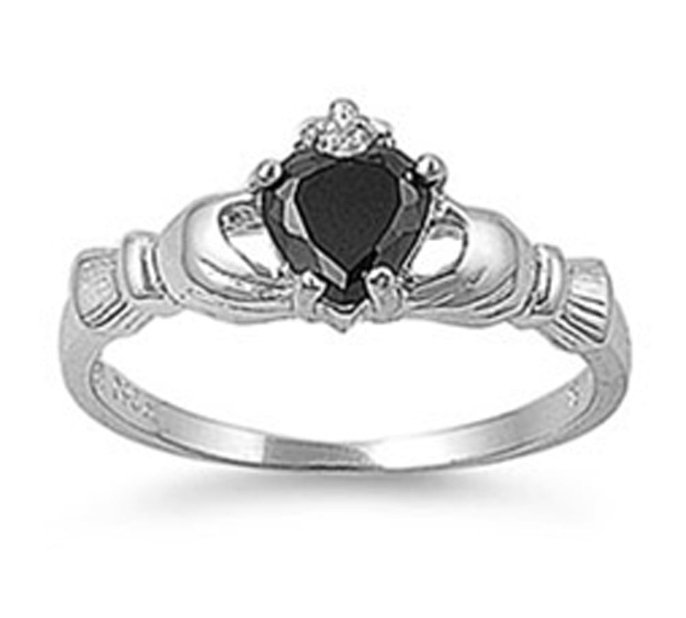 CHOOSE YOUR COLOR Sterling Silver Women's Black Cubic Zirconia Claddagh