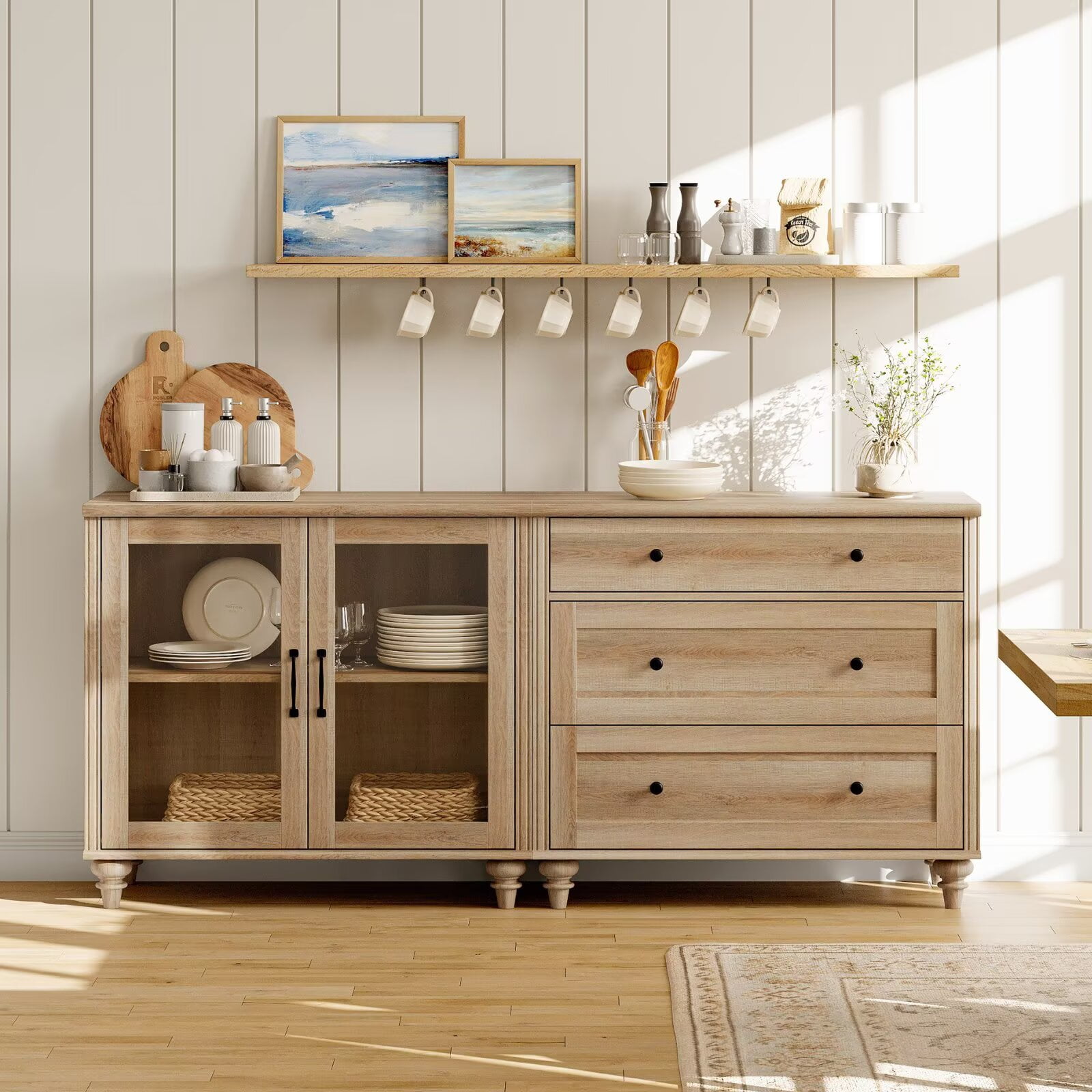 Sideboard Buffet Cabinet with Glass Door, 2-in-1 Kitchen Storage Cabinet, Wooden Coffee Bar Table with Adjustable Shelf & 3 Drawers for Dining Room and Living Room, 68-inch Oak