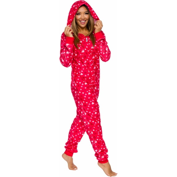 Womens Heart Print Pajamas - Slim Fit Plush Onesie Costume - One Piece Jumpsuit by FUNZIEZ! (Large)