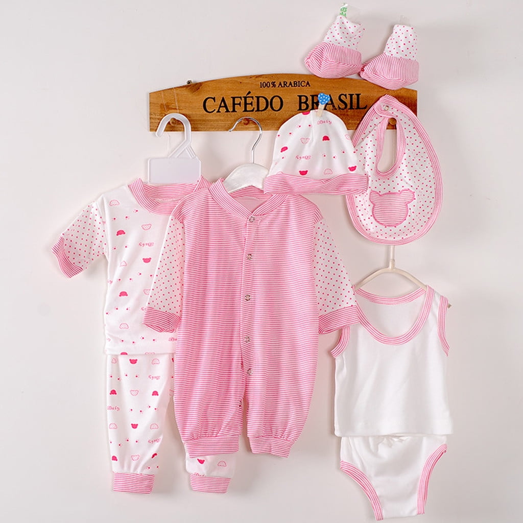 Xzngl 8pcs Newborn Baby Boy Girl Tops Hat Pants Bib Sock Shose Romper Outfits Set Pink
