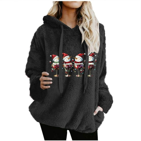 Lorytime Sweatshirt for Women Oversized Christmas Red Wine Glass Fleece Shirt Long Sleeve Pullover with Pocket Tops