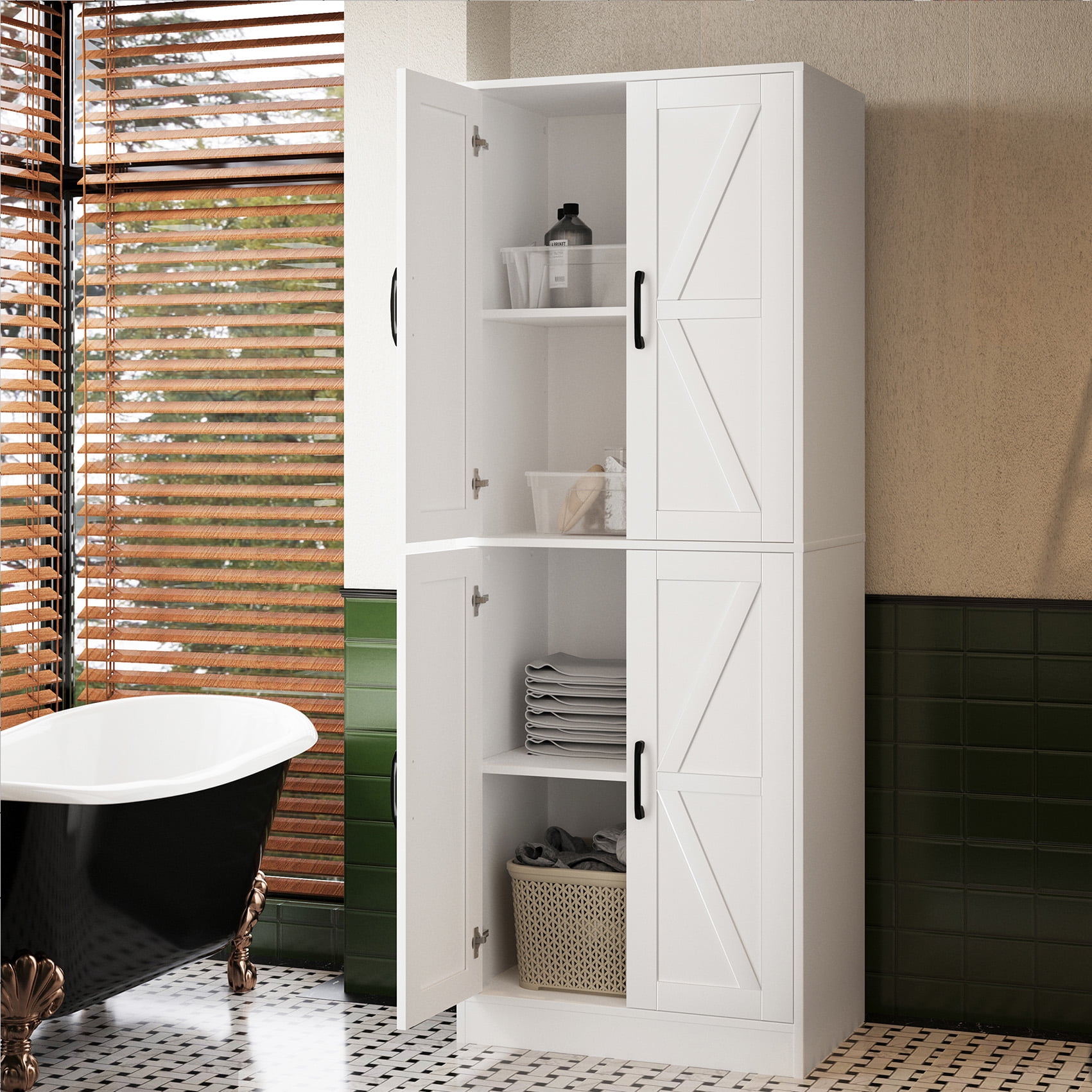 BOCVKENN Kitchen Pantry Cabinet, 67.7" Tall Wood Storage Cabinet with 4 Doors and Shelves Freestanding Cupboard for Dining Room Living Room Bathroom,White