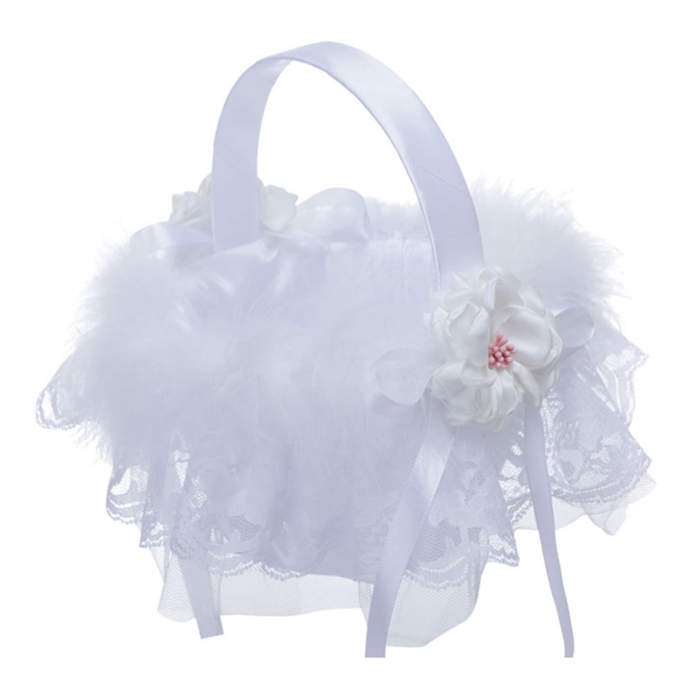 White Lace Satin Wedding Ceremony Flower Girl Rhinestone Bowknot Basket Decor US 