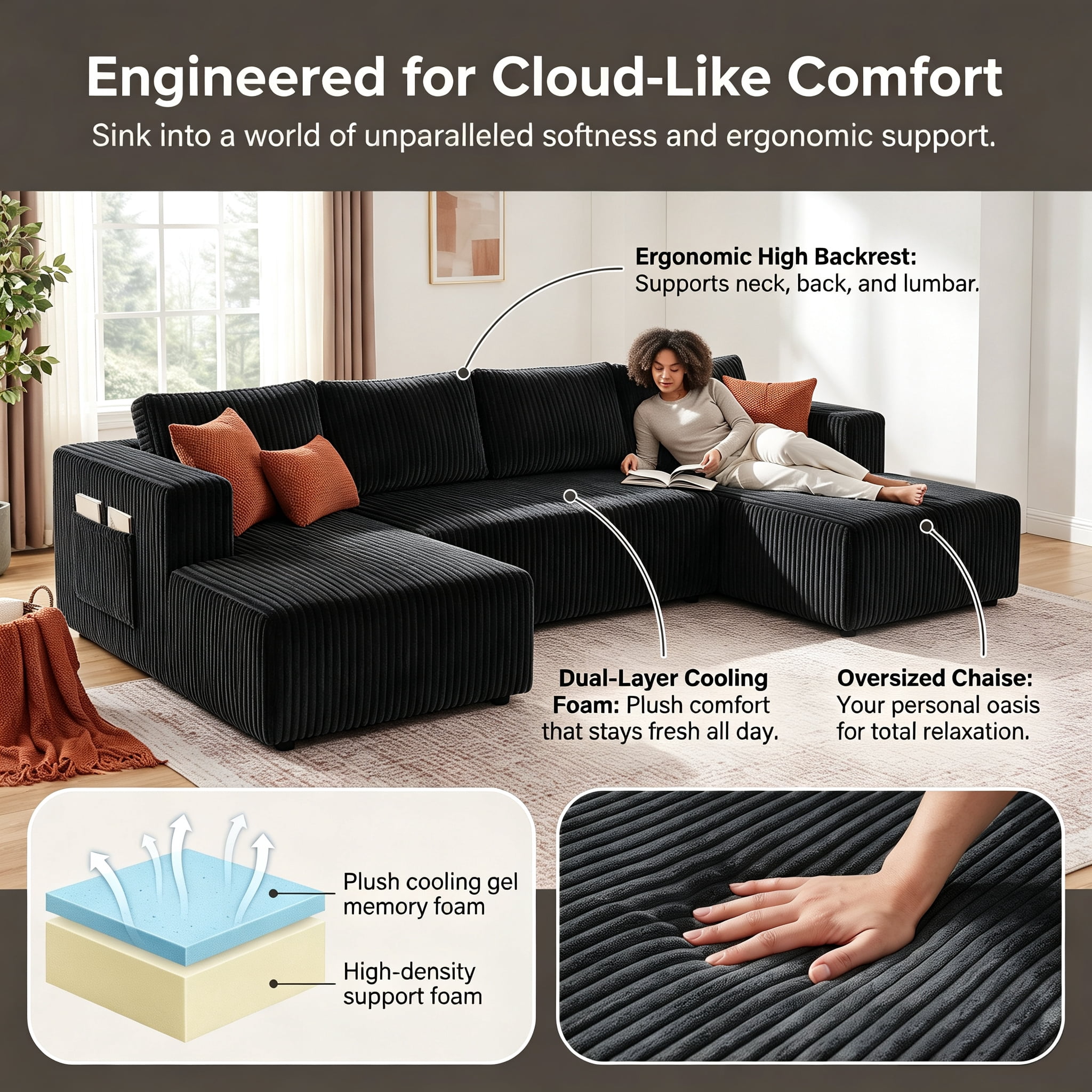 ShiKeyi 132.5" Modern U-Shaped Modular Sectional Sofa with Double Chaise, Corduroy Fabric Cloud Couch Set with Storage Pockets for Living Room, No Assembly Required, Black