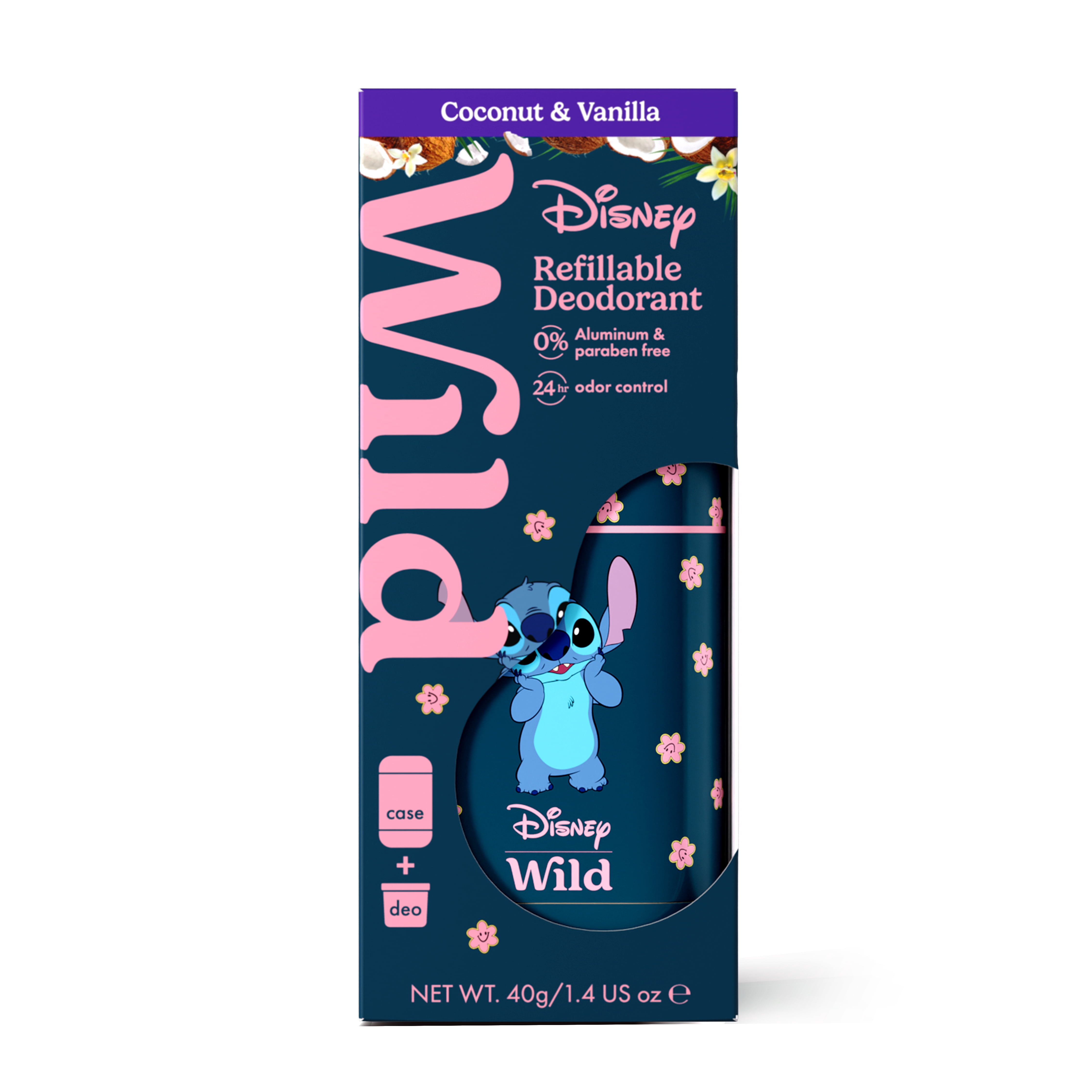 Wild Refillable Deodorant Starter Pack - Aluminum Free. Stitch Case + Coconut & Vanilla Refill, for Women and Men, 1.4oz