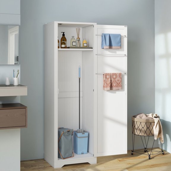 ModFusion 63" Cleaning Supply Storage Cabinet with 3 Hanging Rods, 2 Shelves, Broom Mops Vacuum Closet Organizer, Slim Vertical Utility, Small Space Corner Janitor Box, White