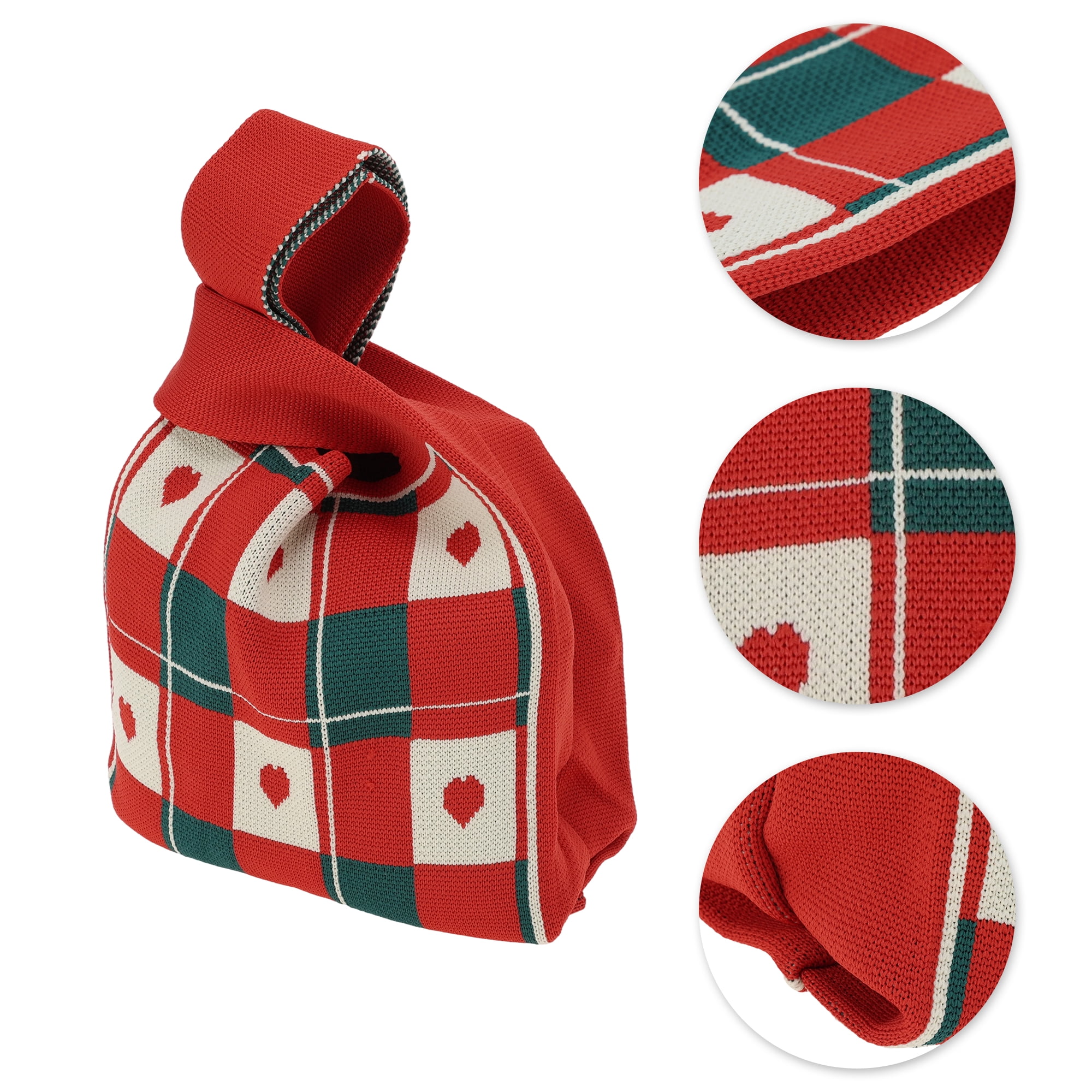 Unique Bargains Heart Knitted Wrist Bag Red Beige Green 1 Pc