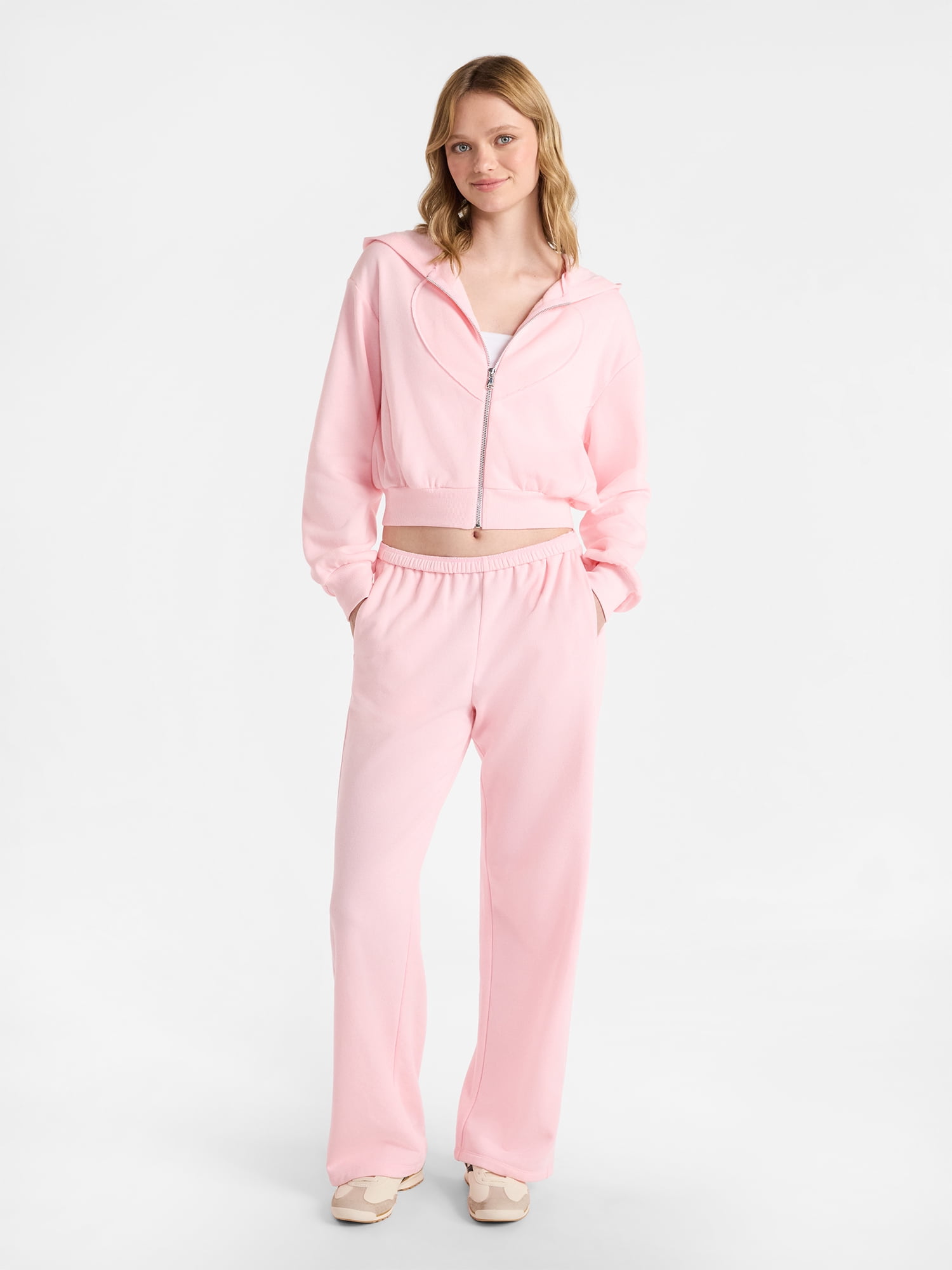 No Boundaries Embroidered Fleece Zip-Up Hoodie and Pants Set, 2-Piece, Women's XXS-4X