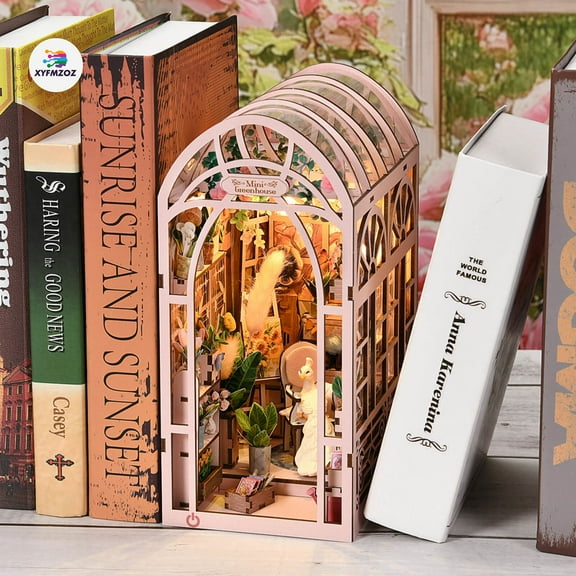 XYFMZOZ DIY Greenhouse Book Nook Kit, Miniature Garden Bookshelf Decor with LED Lights, Creative Gift