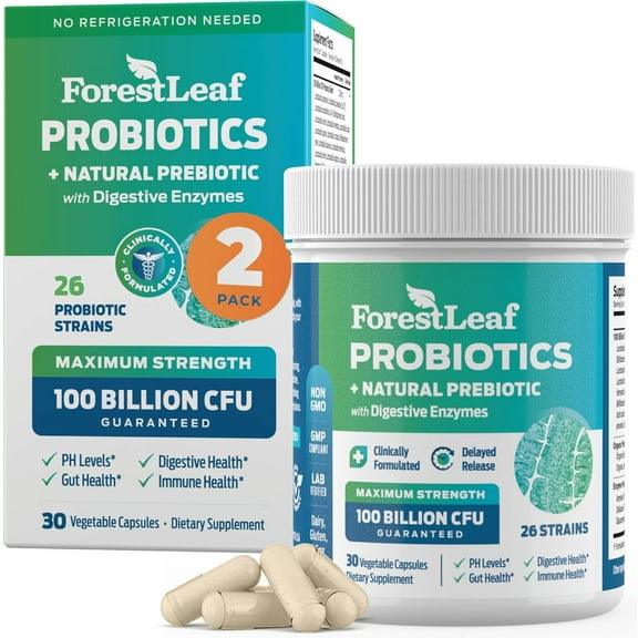 Forest Leaf Probiotics 100 Billion CFU Natural Prebiotic with Digestive Enzymes for Men and Women, 30 Capsules