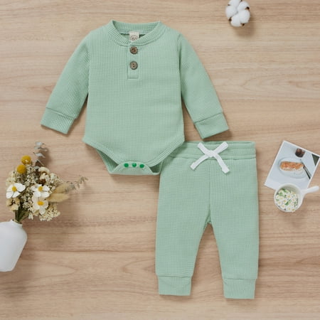 

Hbdhejl Outfit Set For Girls Boys Toddler Baby Long Sleeves Solid Color Round Neck Romper Bodysuit Pants Casual Outfits Sets Mint Green 18-24 Months