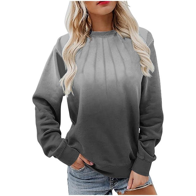 ZVNAH Chandails en Molleton pour Femmes Col Rond en Molleton Surdimensionné Manches Longues Chandail Chandails en Molleton Automne 2025 Hauts Mignons Dégradé Vêtements Preppy