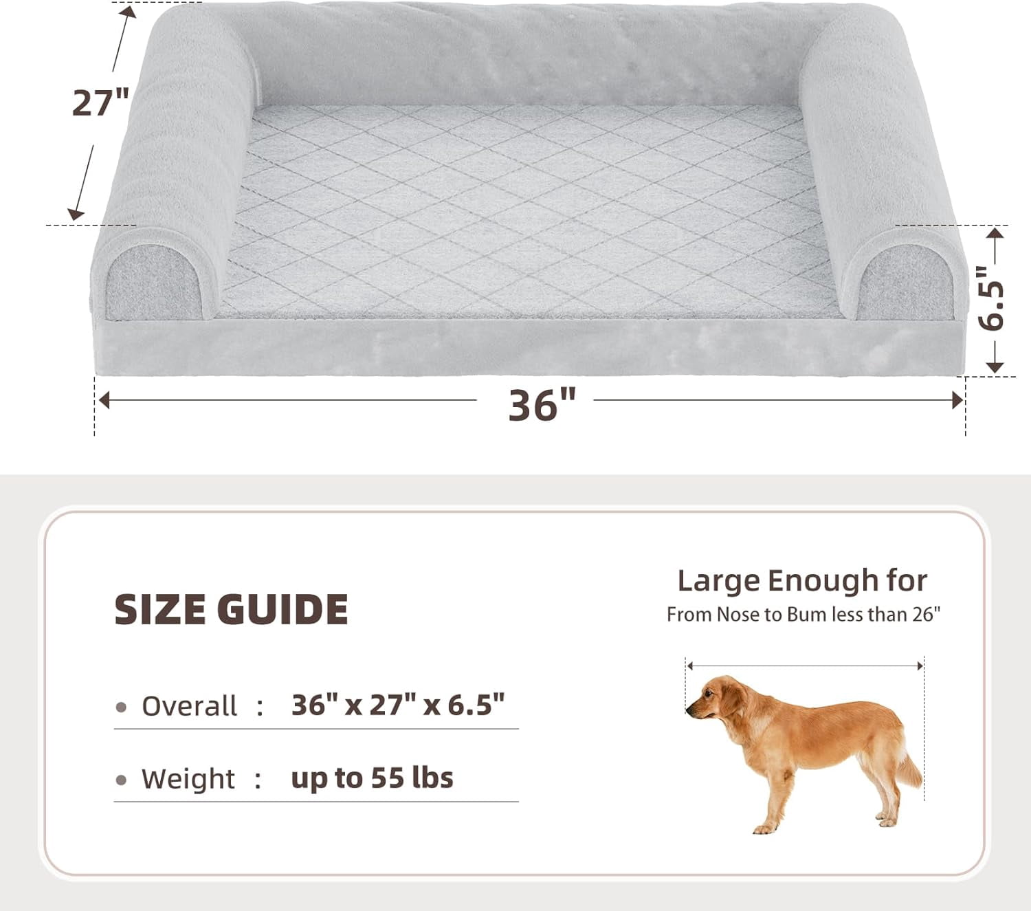 Dog Bed for Large Dogs, Orthopedic XL Pet Bed with Sides, Waterproof Egg Crate Foam Couch Sofa with Removable Cover and Anti-Slip Bottom, Grey