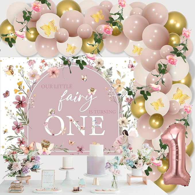 Fairy First Birthday Decorations, Boho Fairy 1st Birthday Party Decorations Girl, Our Little Fairy Is Turning One Backdrop Butterfly Fairy Balloon Arch Stickers Artificial Flowers Garland