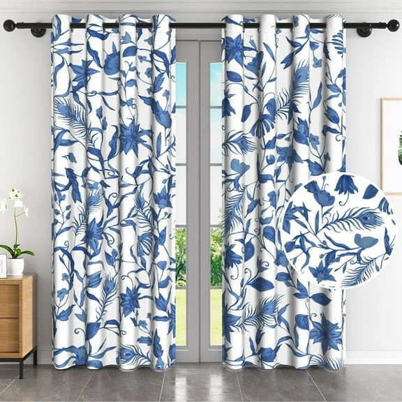 LFEEY Blue Floral Bedroom Blackout Curtains, Room Darkening Thermal Insulated Grommet Curtains, 42x63 inch, Set of 2
