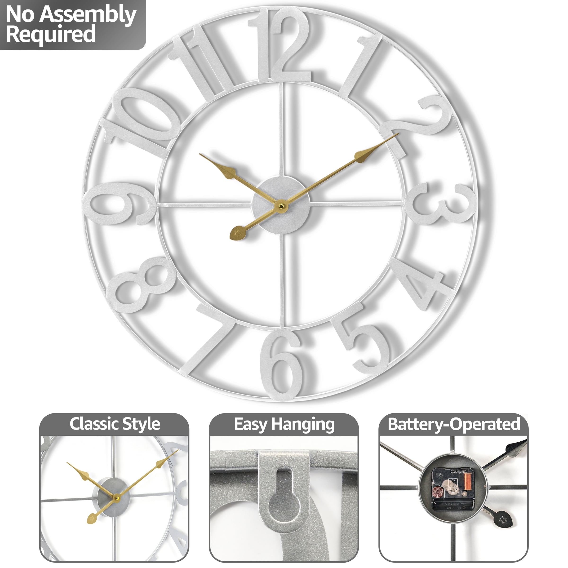 Sorbus 24in Large Wall Clock, Analog Battery Operated, Silver, Living Room & Kitchen