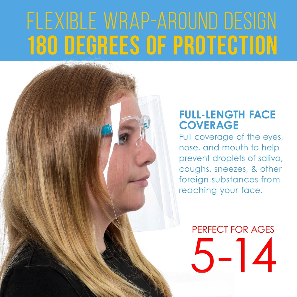 CRESTIN- Kids Protective Full Face Shields With Glasses Frames (Pack Of 10) - 5 Colors