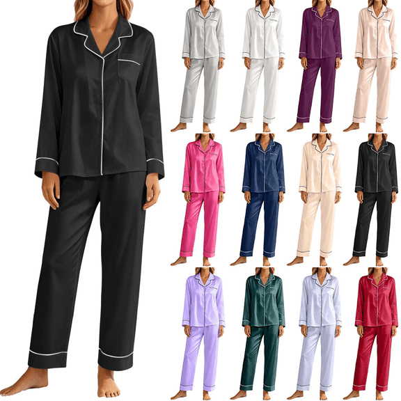 Liuinsasek Women's Loungewear Pajama Set Fashion Solid Color Long Sleeve Button Lapel Top Elastic Waist Pants 2 Piece Set
