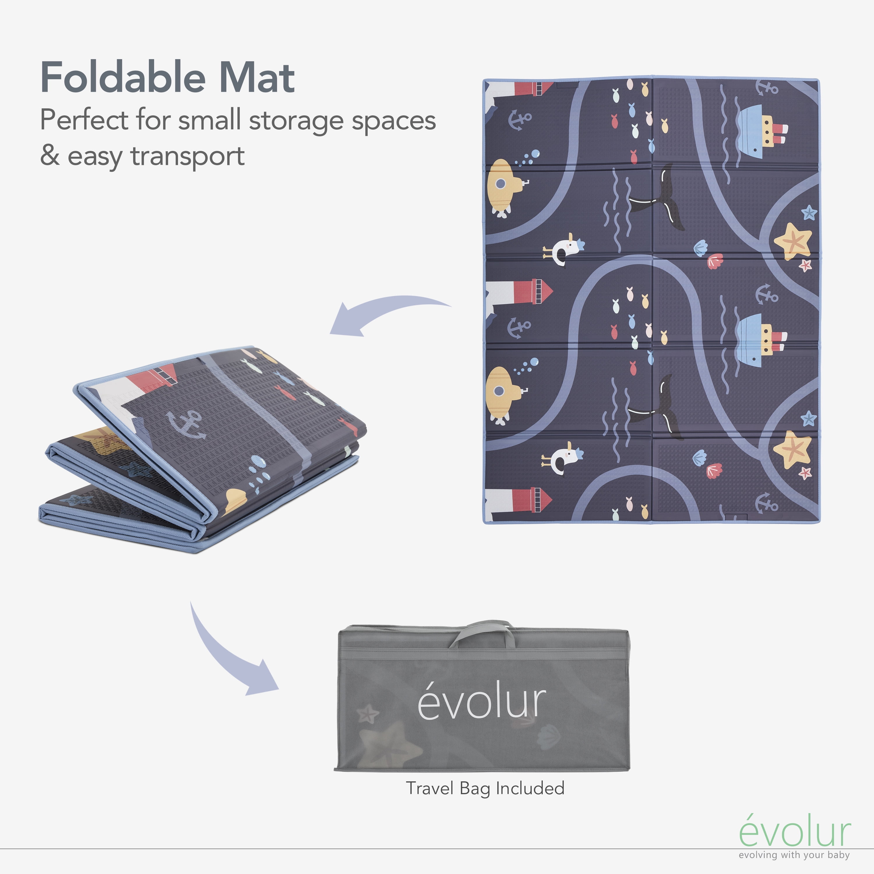 Evolur CozyCush Reversible Non-Toxic Baby Kids Playmat, Ocean