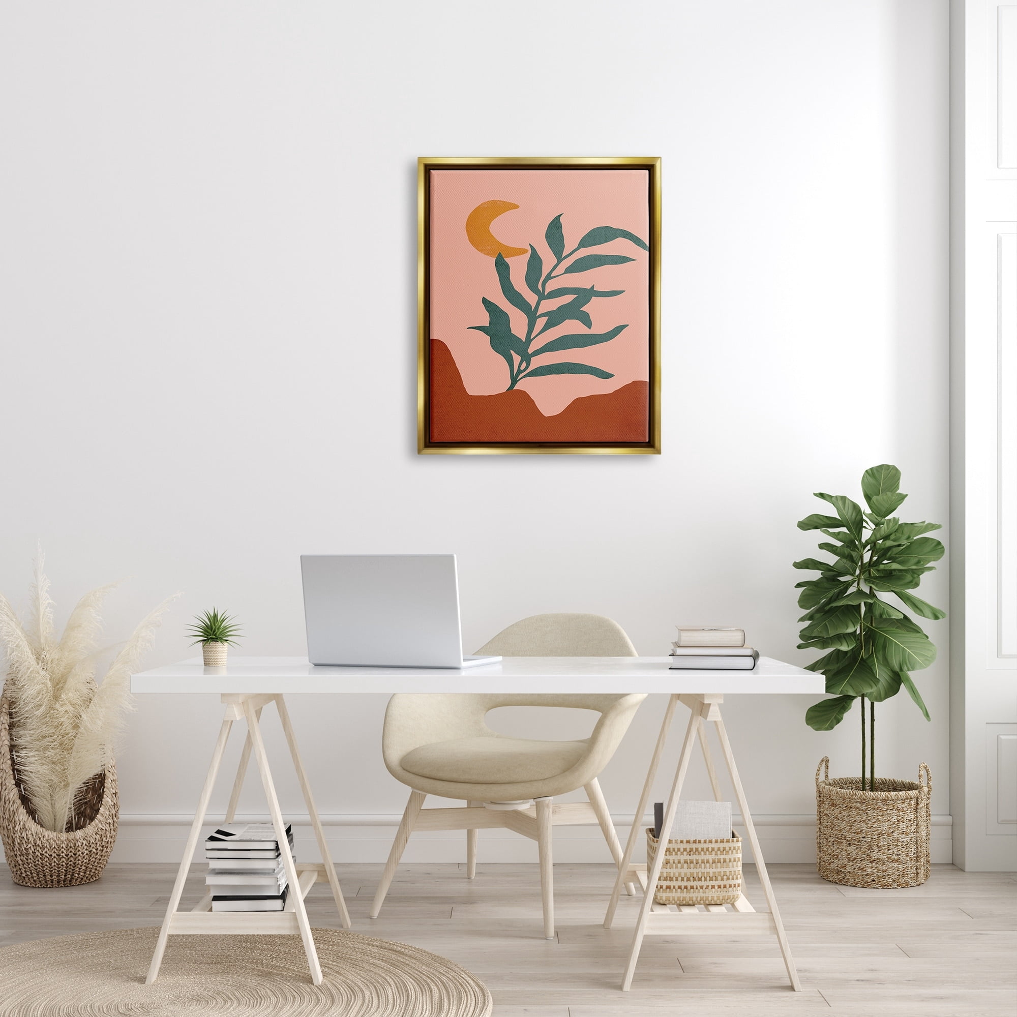 Stupell Industries Blooming Plant Leaf Pleasant Desert Crescent Moon Graphic Art Metallic Gold Floating Framed Canvas Print Wall Art, Design by JJ Design House LLC