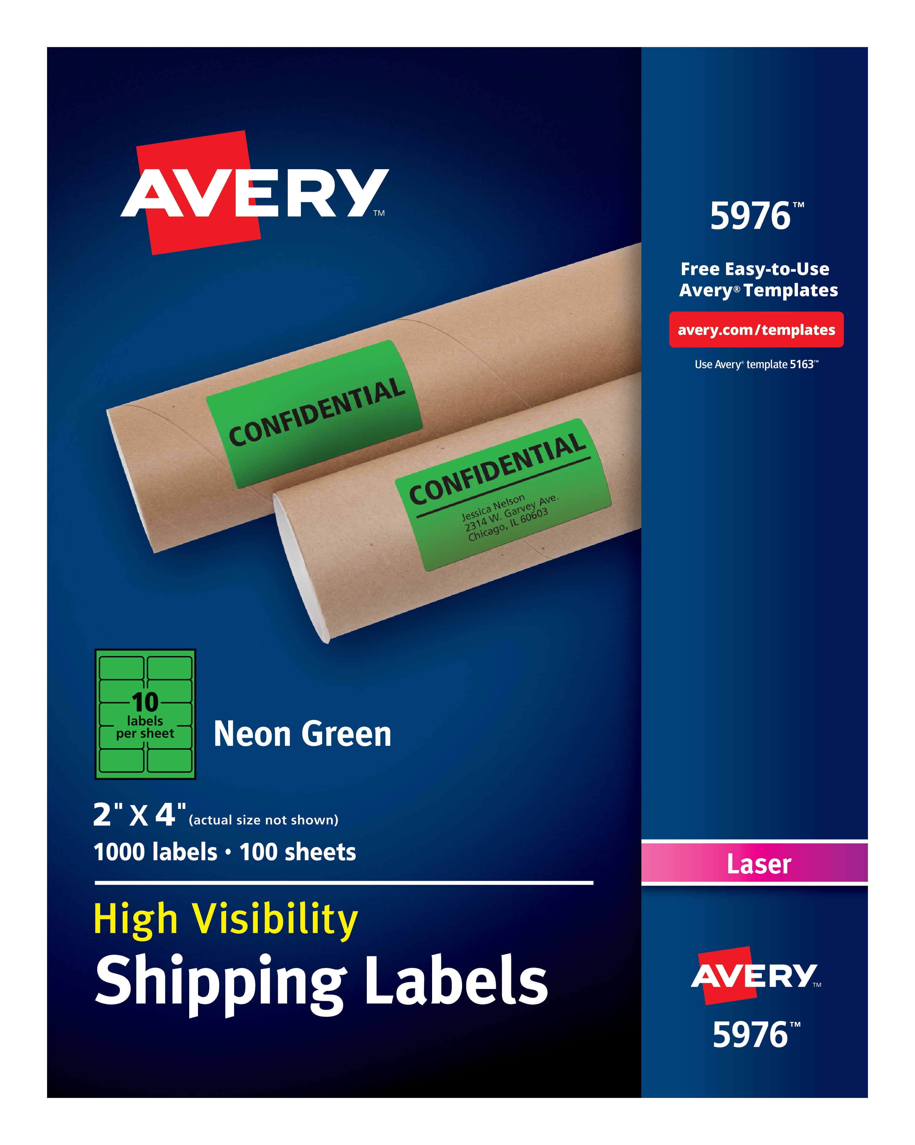Avery HighVisibility Neon Green Shipping Labels for Laser Printers 2 x