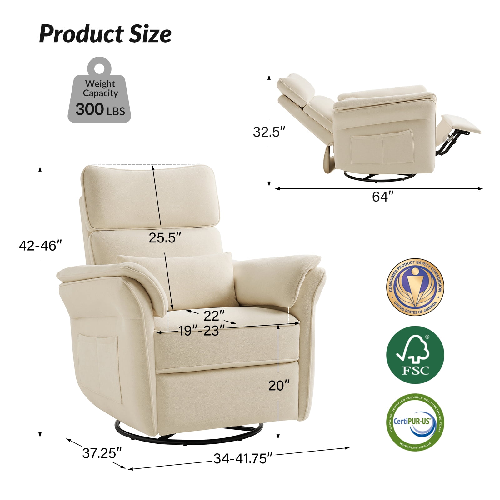 Nursery Recliner Chair Electric Power Glider Swivel Rocking with USB, Waterproof Stain-resistant, Beige