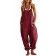 thumbnail image 2 of Favoffer Women Sleeveless Jumpsuit Summer Cotton Linen Suspender Romper Solid Color High Waist Pocket One Piece Casual for Beach Trip, 2 of 7