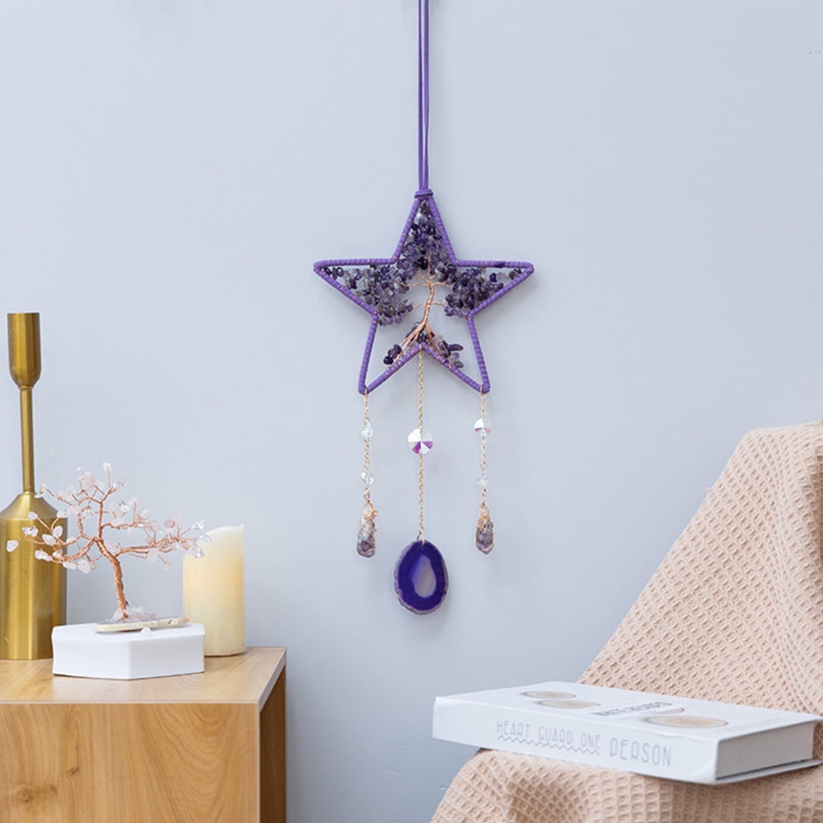 Agate Gemstone Dream Catcher With Tree Of Life & Healing Crystals - Moon Wall Hanging Decor
