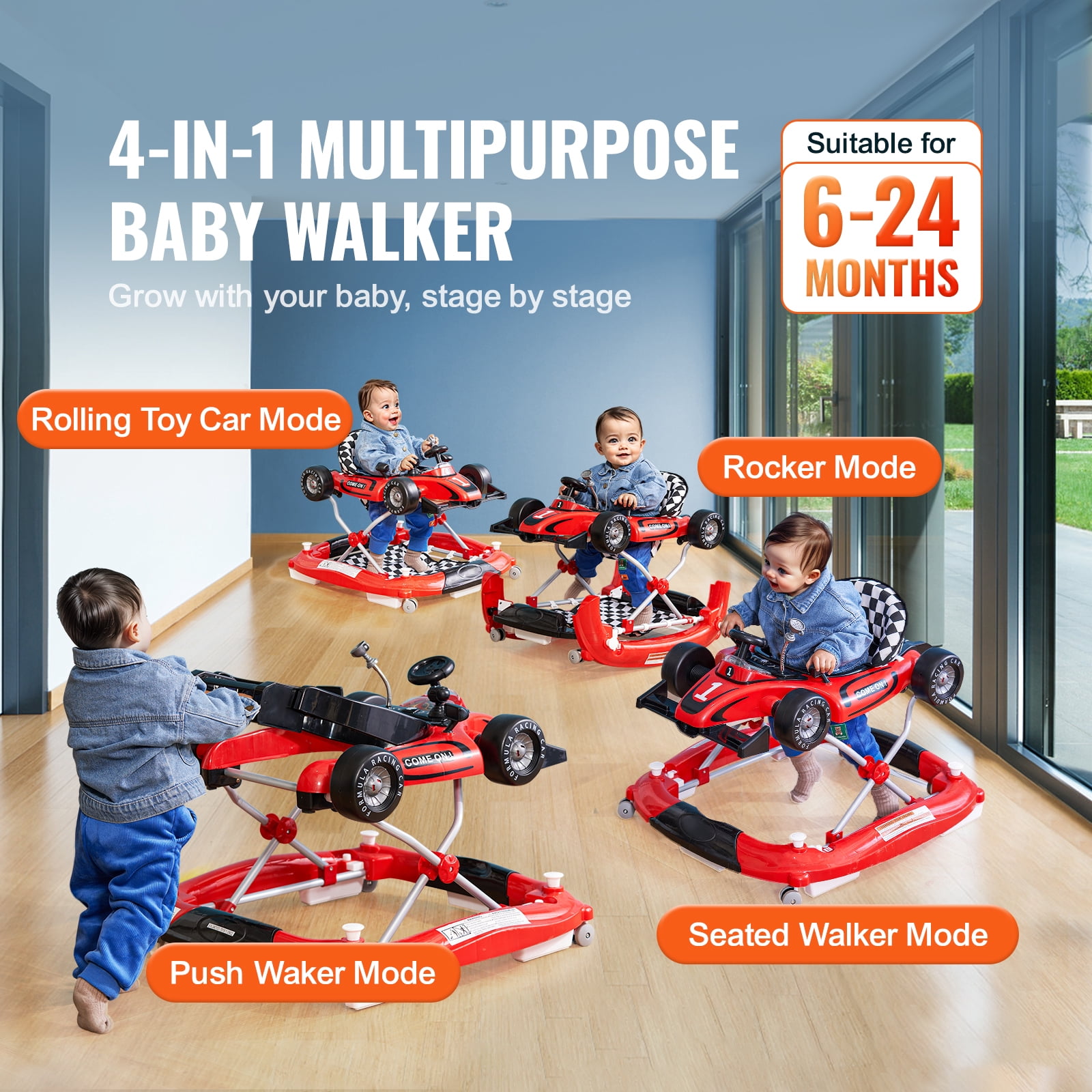 KFFKFF Baby Walker 4 in 1, Foldable Height Adjustable Baby Walker with Wheels, Infant Toddler Walker with Foot Pads, Anti-Fall Baby Walker With Steering Wheel
