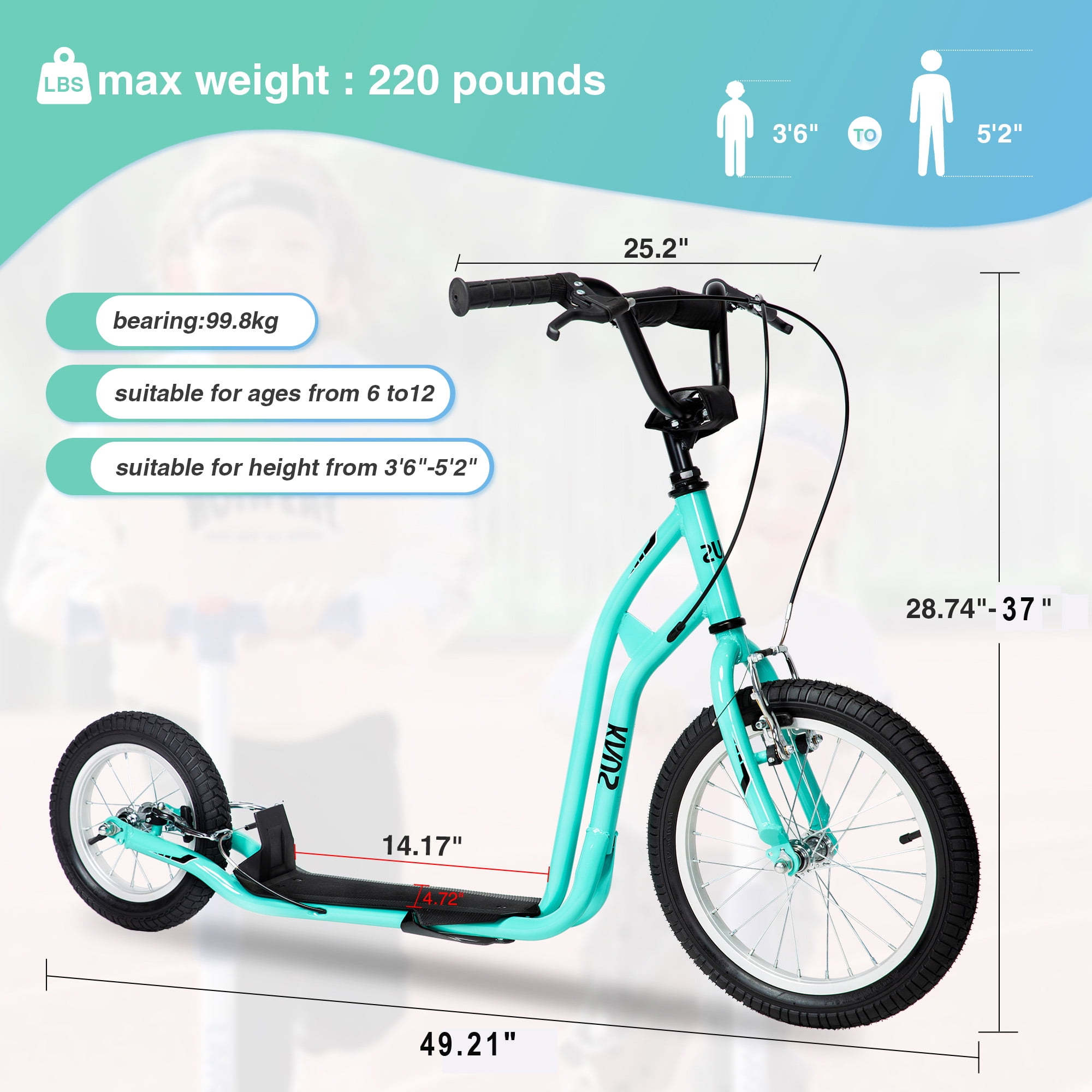 CIPACHO Youth Scooter Kick Scooter for Kids 5+ with Adjustable Handlebar 16" Front and 12" Rear Dual Brakes Inflatable Wheels, Green CIPACHO Youth Scooter Kick Scooter for Kids 5+ with Adjustable Handlebar 16" Front and 12" Rear Dual Brakes Inflatable Wheels, Green