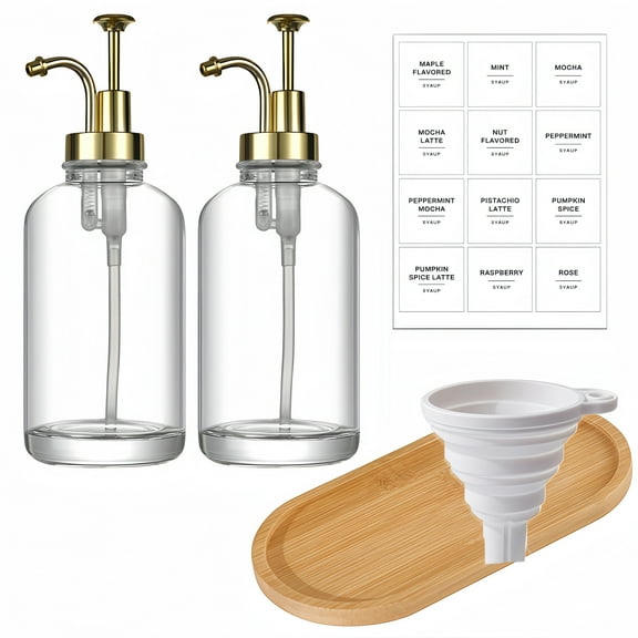 Coffee Bar Accessories, Coffee Syrup Dispenser - 2pack, Bring a Tray16.9oz Syrup Dispenser with Labels,Syrup Pump Dispenser for Coffee Bar(Gold pump)
