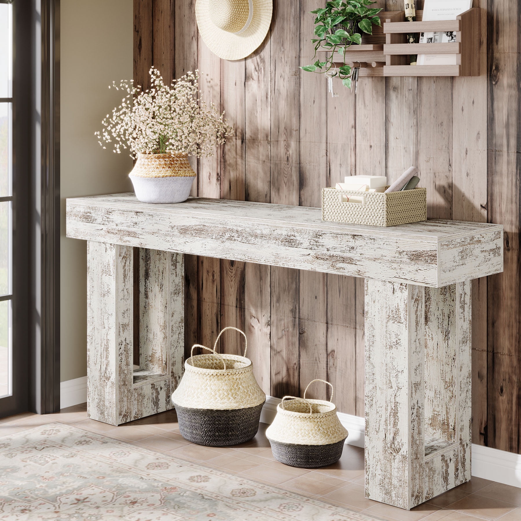 Tribesigns 63-Inch Long Console Table, Farmhouse Wooden Sofa Table Behind The Couch, Entryway Table for Entrance, Hallway, Living Room, Distressed White