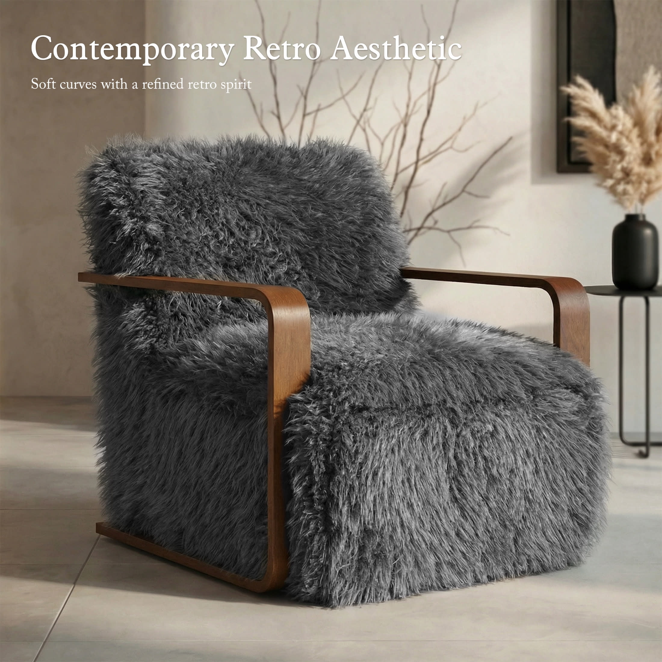 Aenkyo Yeti Contemporary Faux Fur Accent Chair with Dark Walnut Wood Arms, Gray