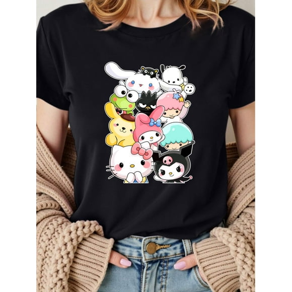 Women's Sanrio Character Graphic Tee - Cute Summer Casual Round Neck Short Sleeve T-Shirt, Pink Polyester Knit Top with Playful Animal Design, Playful Graphic Tee | Vibrant Casual Top