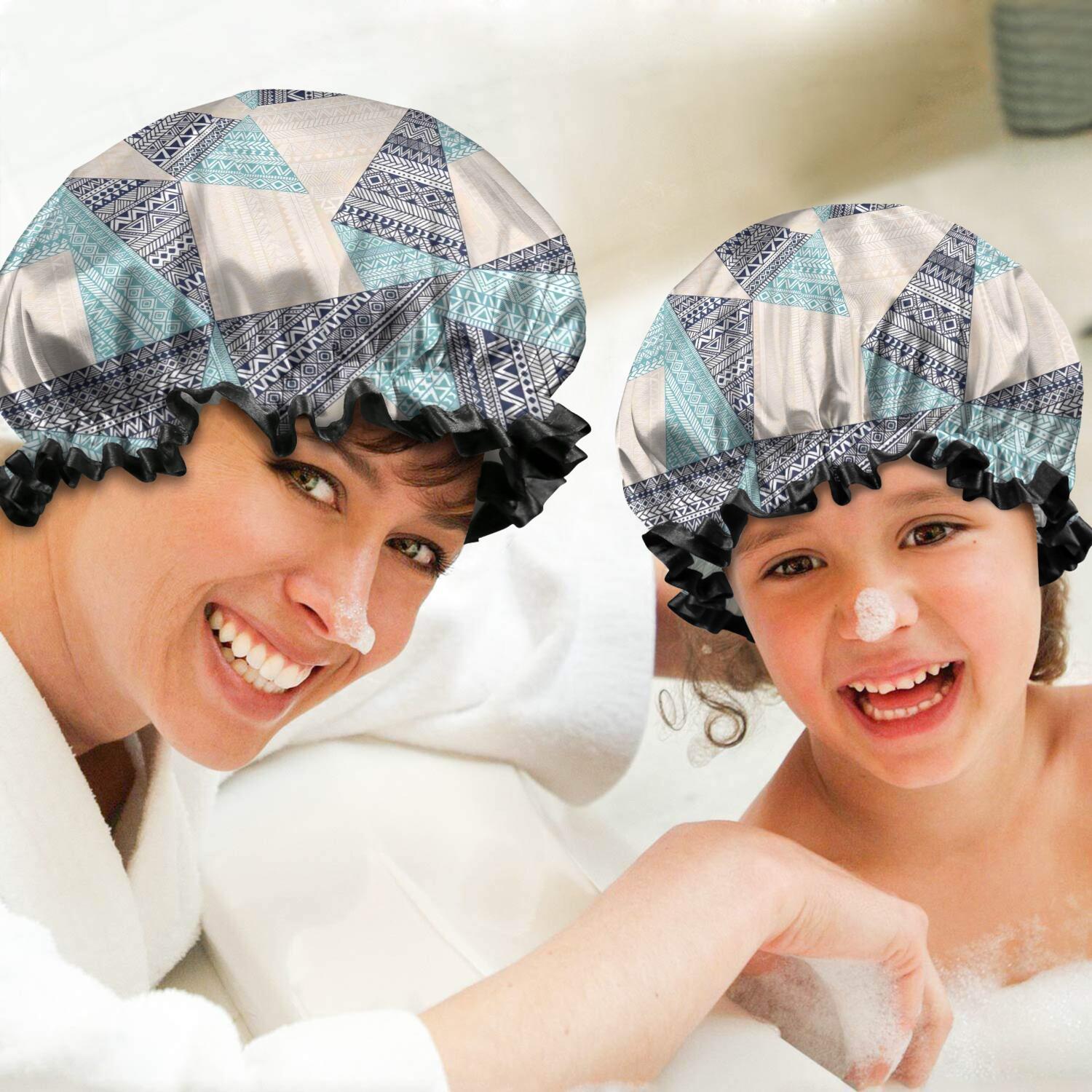 Shower Caps,Blue Ethnic Triangle and Geometric Pattern Waterproof Shower Cap for Women 4 Pieces,Double Reusable Hair Cover for Shower PEVA Elastic Stretch Hem