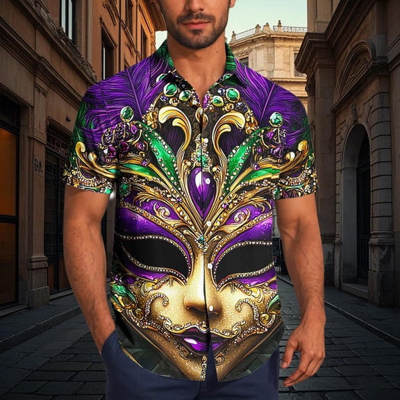KeShDi Mardi Gras Shirts for Men Button Down Tshirts Short Sleeve Men Casual Fashion Turndown Collar Printing Short Sleeve Button Shirt Blouse Purple M