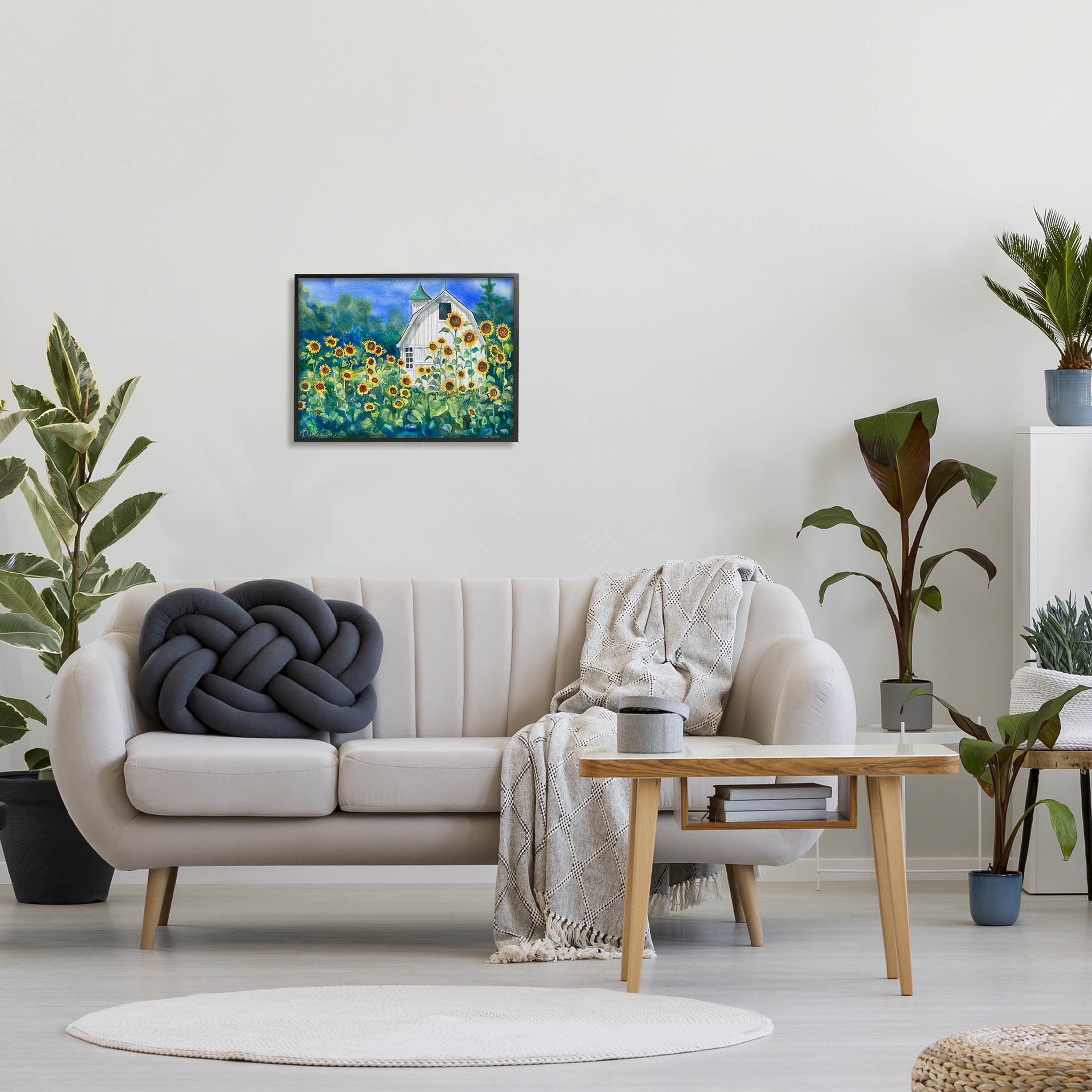 Tall Sunflowers Country Barn Landscape Painting Black Framed Art Print Wall Art
