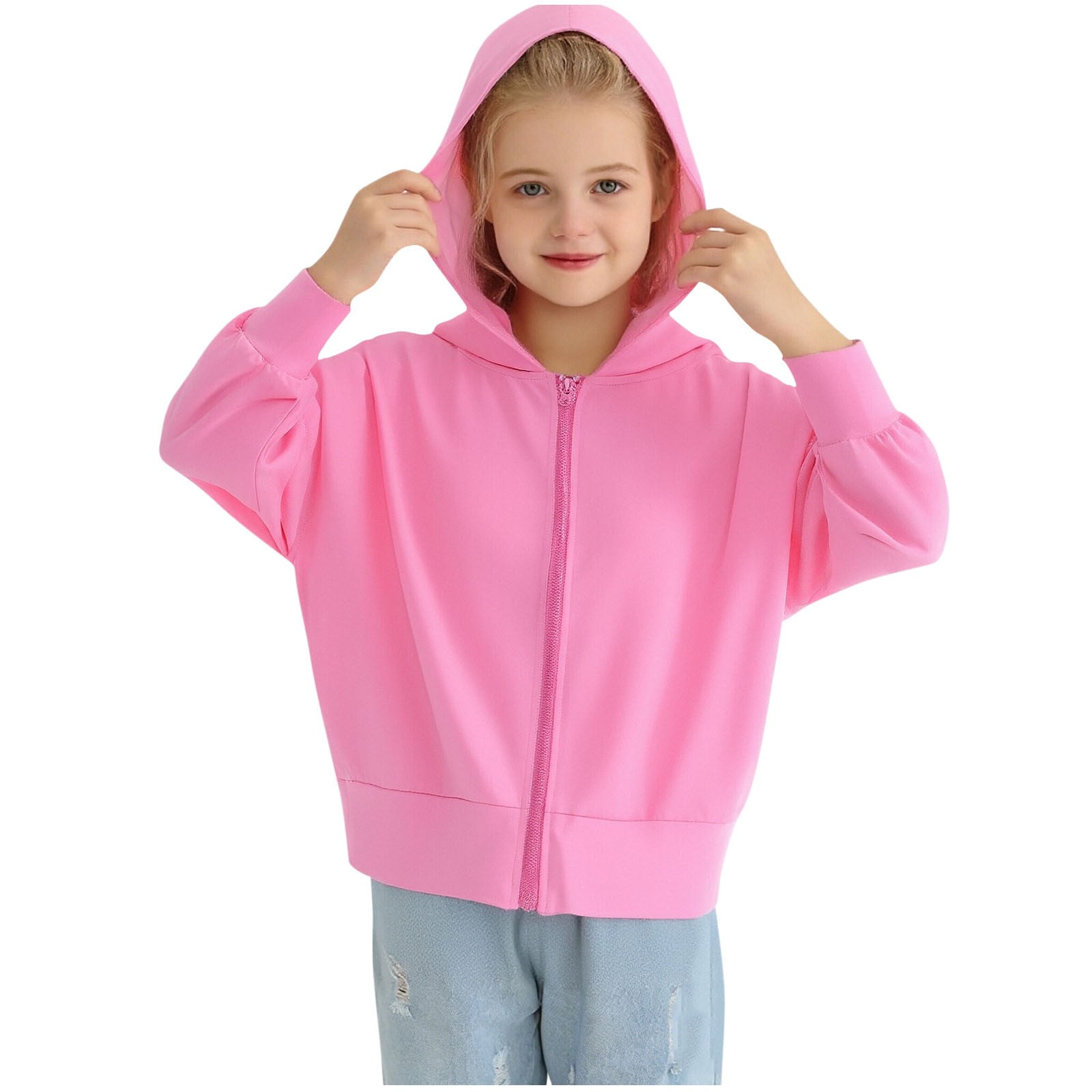 Nilvkv Girls Windbreaker Jacket Kids Rain Jacket UPF 50 Plus Hooded Zip Up Sun Protection Lightweight Summer Coat Pink 14-15 Years Pink 14-15 Years