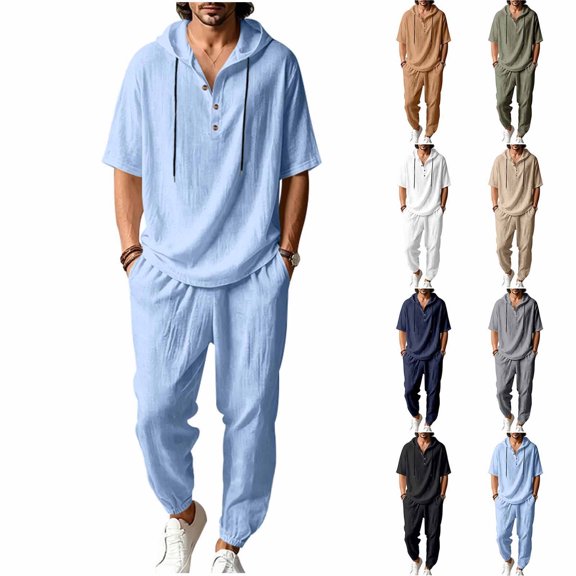 Men's Beach Outfit 2 Piece Linen Casual Button Down Henley Shirt Short Sleeve Loose Drawstring Hoodie and Harem Pants Vacation Sets for Men Size 3XL Light Blue