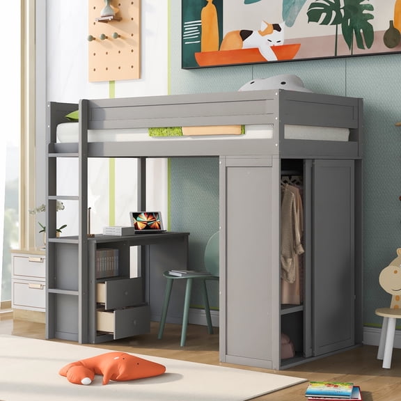 Kumix Loft Bed Twin Size with Desk, Wood Loft Bed with Wardrobes and 2 Drawers with Cabinet for Teens Adults, Heavy Duty Loft Bed Frame for Bedroom, Space-Saving, No Box Spring Needed, Gray