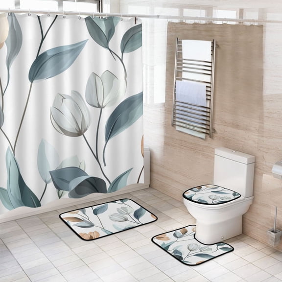 Ryvnso 4 Pcs Abstract Tulip Flower Bathroom Shower Curtain Set with 12 Hooks Bath Mat Toilet Lid Cover
