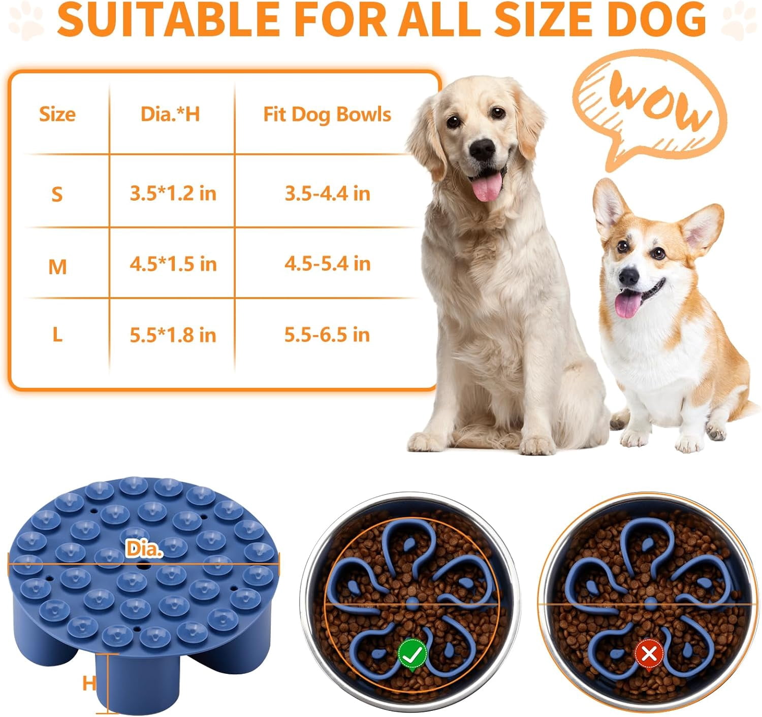 Slow Feeder Dog Bowls Insert,  Soft Silicone Slow Eating Dog Bowl Insert with Suction Cups for Small, Medium and Large Dogs(Darkblue M)
