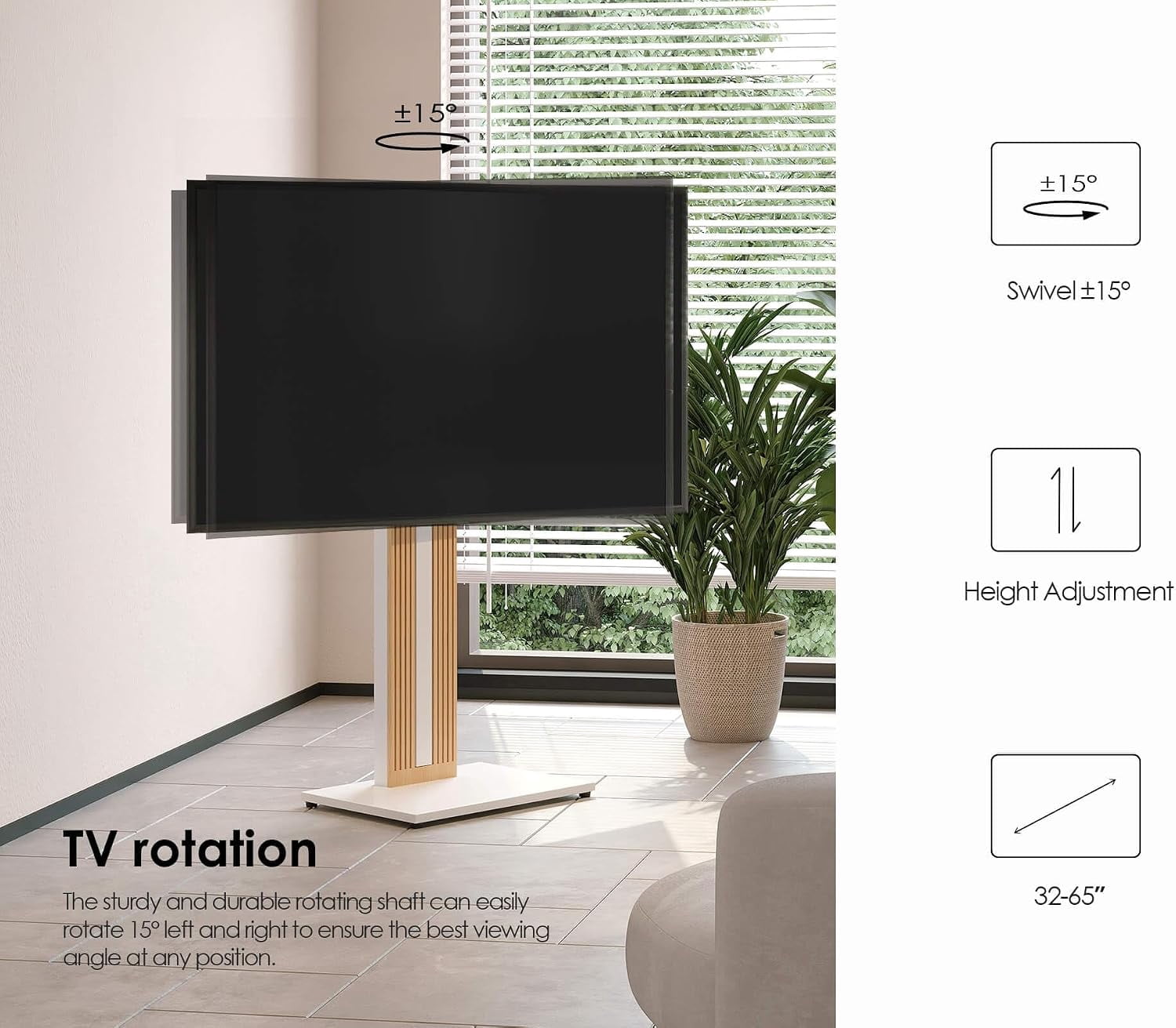 FITUEYES Zen Series Floor TV Stand for 32–65 Inch TVs, White & Light Wood, Hidden Storage