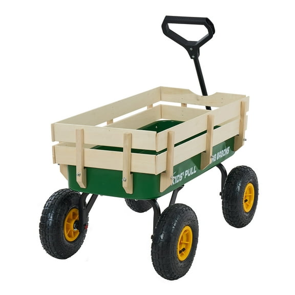 KFFKFF Pull-Along Wagon for Kids, 39 in Foldable Wooden Panel Wagon with Handle, Supports up to 551 lbs, 10" All-Terrain Wheels, Utility Cart for Kids, Gardening, and Beach Activities