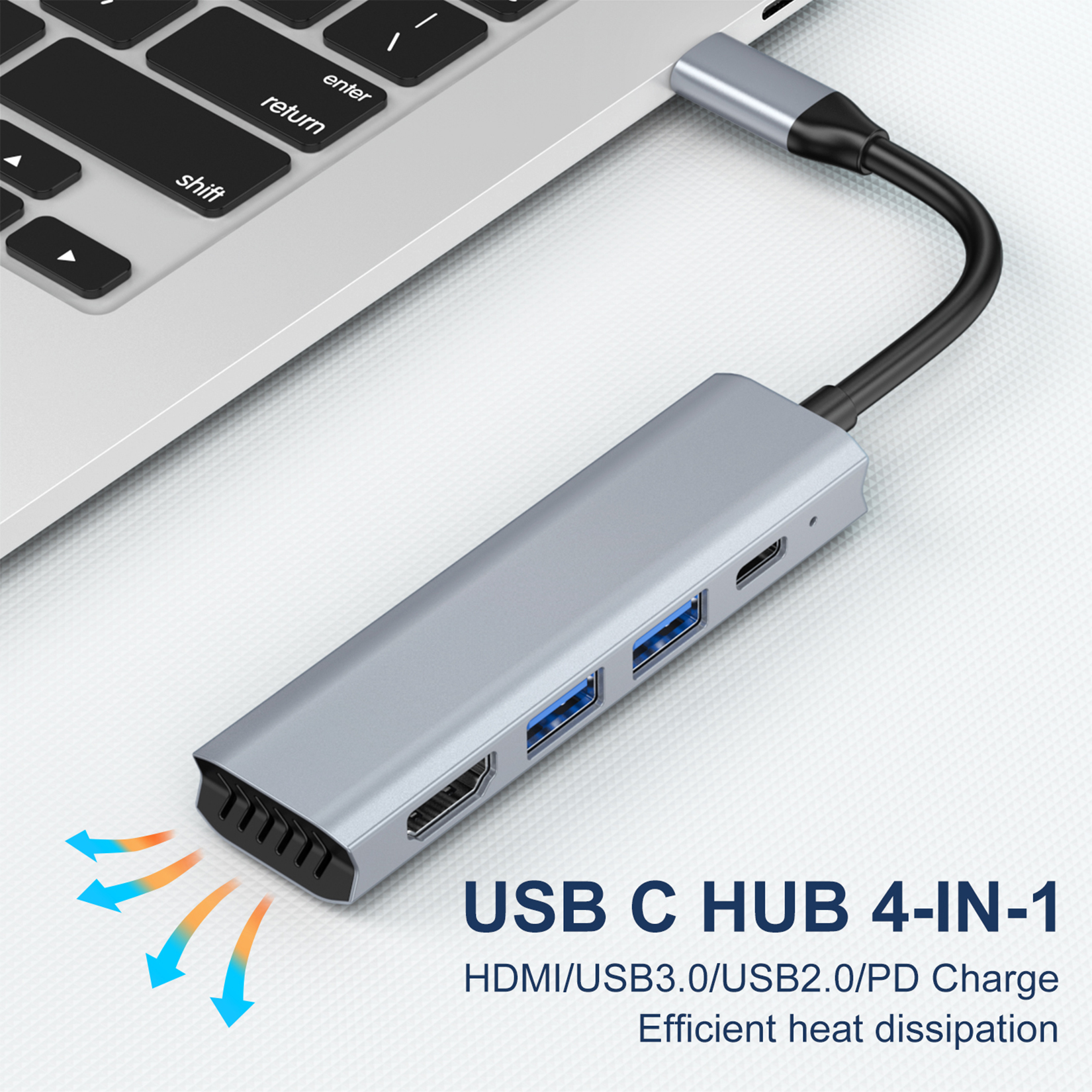 USB C Hub Multiport Adapter,4 in 1 Dongle Hub,USB 3.1 C to 1xHDMI,1xUSB3.0,1xUSB2.0,1x100W PD Fast Charging,Support 4K@30HZ,1080P@60HZ,5Gbps Compatiblefor MacBook,iPad,HP,Dell,Surface,Other Devices