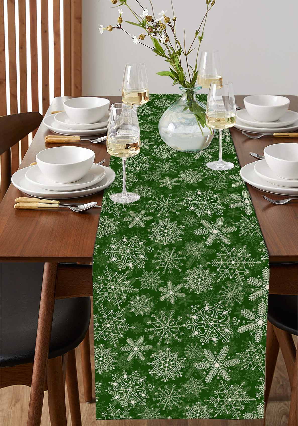 Green Snowflake Christmas Burlap-Cotton Table Runner 120 Inches Long,Xmas Snowflake Vintage Farmhouse Table Runners,Outdoor Dining Tablecloths Decor for Baby Shower Party Wedding 13x120